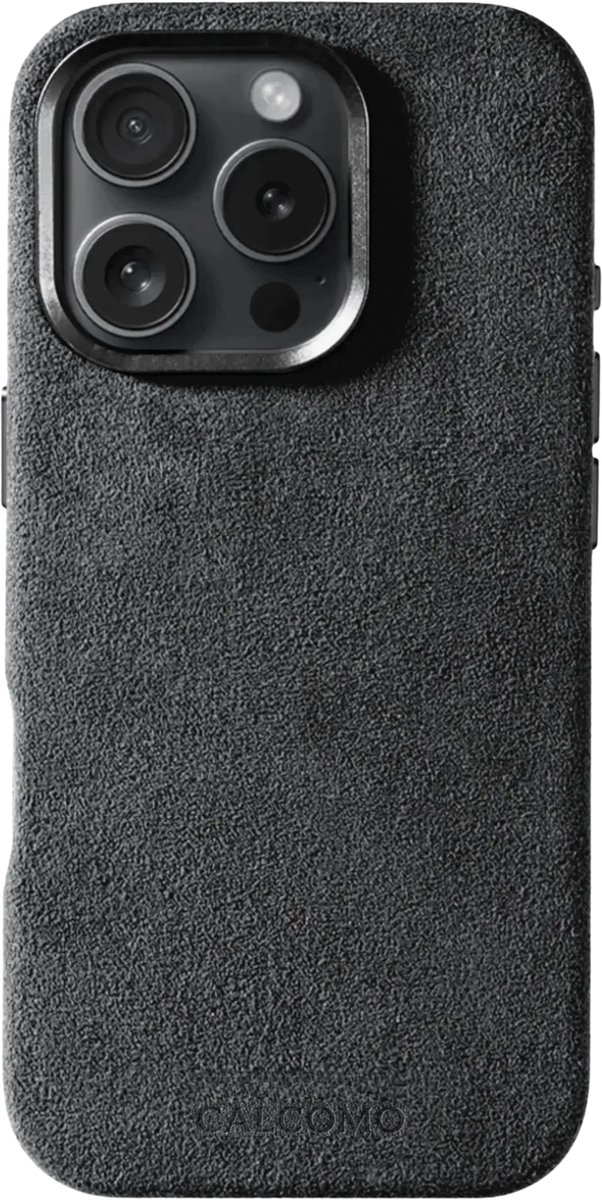 Calcomo® - Alcantara Telefoonhoesje iPhone 16 Pro – 100% Italiaans Alcantara® – Premium Schokbestendig – Geschikt voor MagSafe – Dark Grey