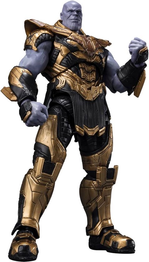 Thanos met gouden en zwarte pantser, paarse huid, gebalde vuist.