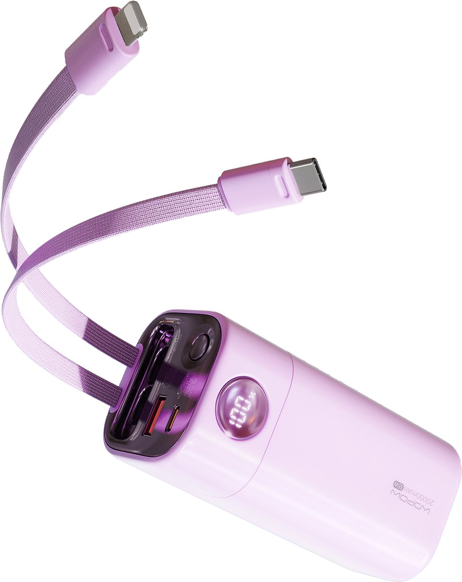 Wopow Powerbank met ingebouwde USB-C & Lightning kabels + USB-A & USB-C poorten, SQ78, 20.000mah, 35W, Roze, 6979180930015