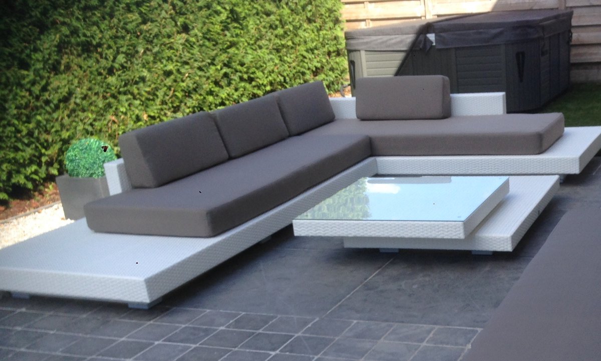 Loungeset standaard Ibiza hoek wit onderstel en taupe kussens