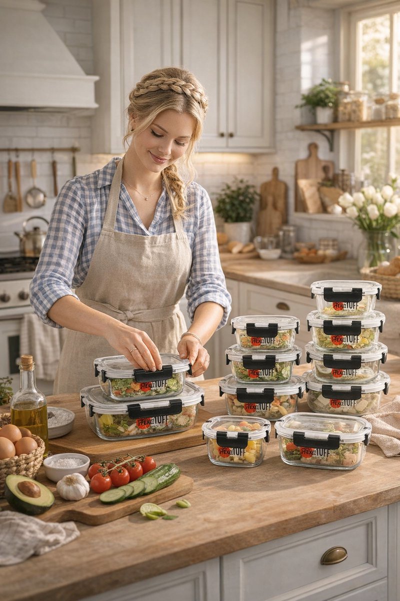 FlexiTuff Glass Voedselbewaarbakjes – 12-Delige Set