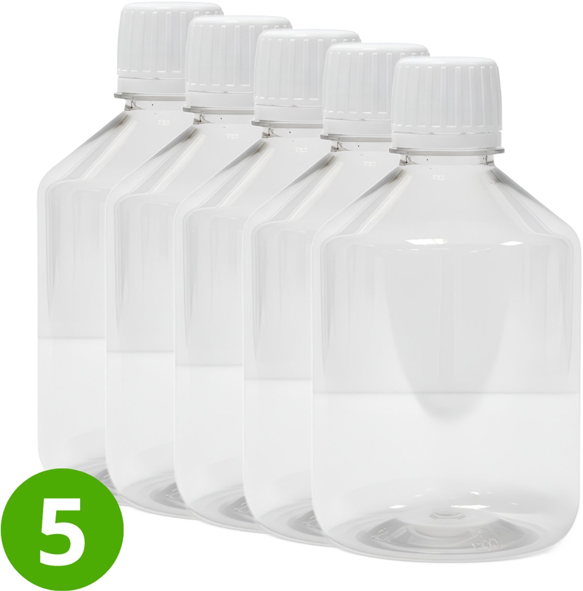 5x Lege Plastic Fles 500ml PET Glashelder Transparant - Rond - Met Witte Dop Food-Grade PE - 28-410 ROPP Halsmaat - Garantiesluiting en met Schenktuit - ALPHA Round Pharma - BPA vrij - Navulling voor Reisflesjes - Plastic Flessen Navulbaar - Lekvrij