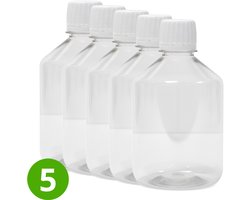 5x Lege Plastic Fles 500ml PET Glashelder Transparant - Rond - Met Witte Dop Food-Grade PE - 28-410 ROPP Halsmaat - Garantiesluiting en met Schenktuit - ALPHA Round Pharma - BPA vrij - Navulling voor Reisflesjes - Plastic Flessen Navulbaar - Lekvrij