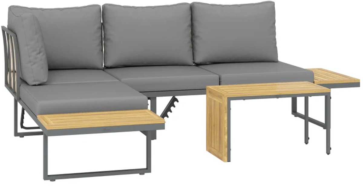 Tuin Loungeset - Tuinset - Uitbreidbaar tot 6 Zitplaatsen - L-vormige Tuinmeubelset - Hoekbank - Tuintafel - met Planken, Tafel, Zit- en Rugkussens - Ideaal voor tuin, balkon en terras - Hoeklounge - Zitgroep - Verstelbare Rugleuningen - Grijs