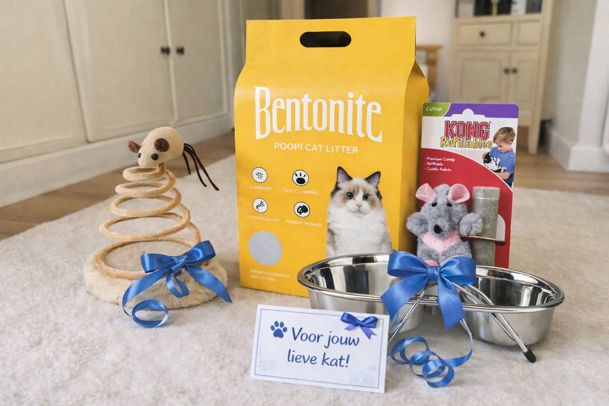 Dierboetiek Katten Cadeauset - Kattenbakvulling 10L - Twee Speeltjes - Voer- & Drinkbak