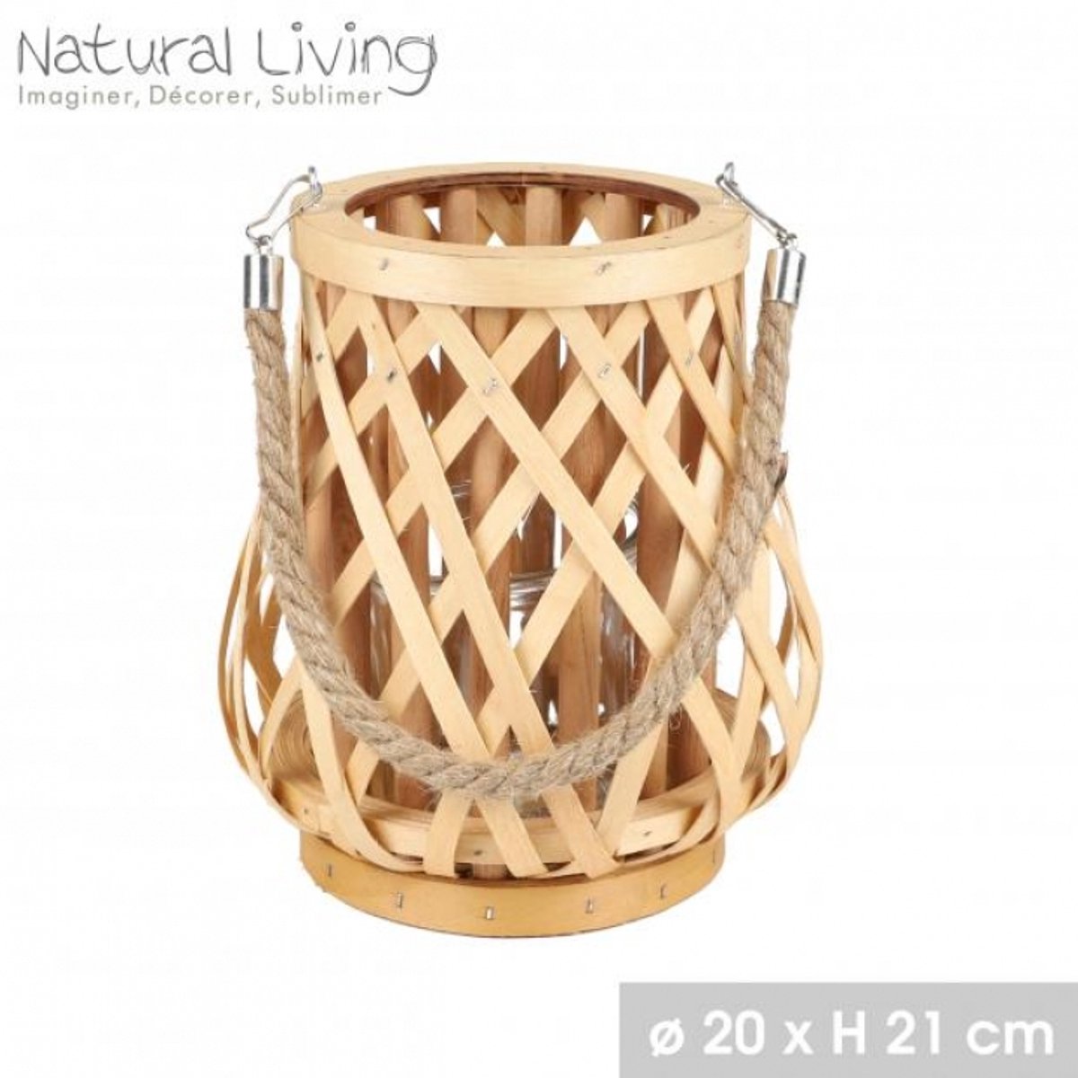 "NATURAL LIVING" Houten lantaarn ALAN met glazen theelichthouder, Ø 20 cm x H 21 cm