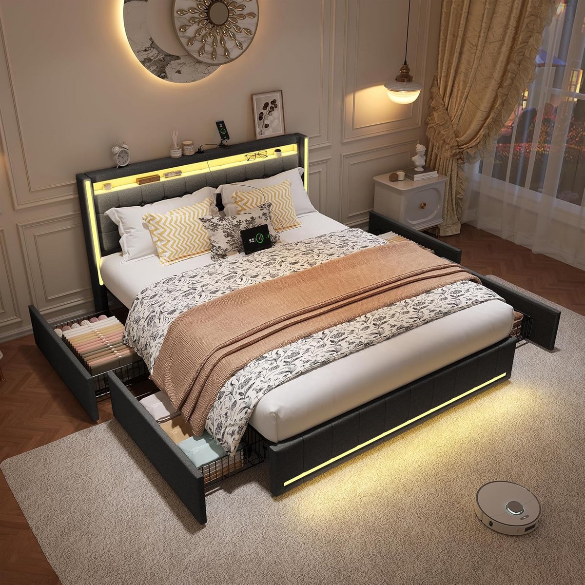 Tweepersoons Bedframe 140x190 cm met LED, USB-C, en 4 Opberglades - Donkergrijs Linnen