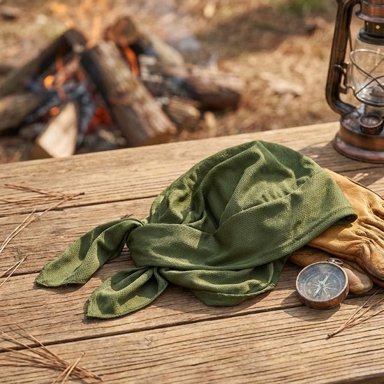 Gevouwen groene bandana met mesh-structuur op een houten tafel, naast een kompas en handschoenen.