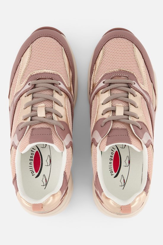 Bovenaanzicht van roze Gabor Rollingsoft sneakers met "rolling soft" logo op de binnenzool.