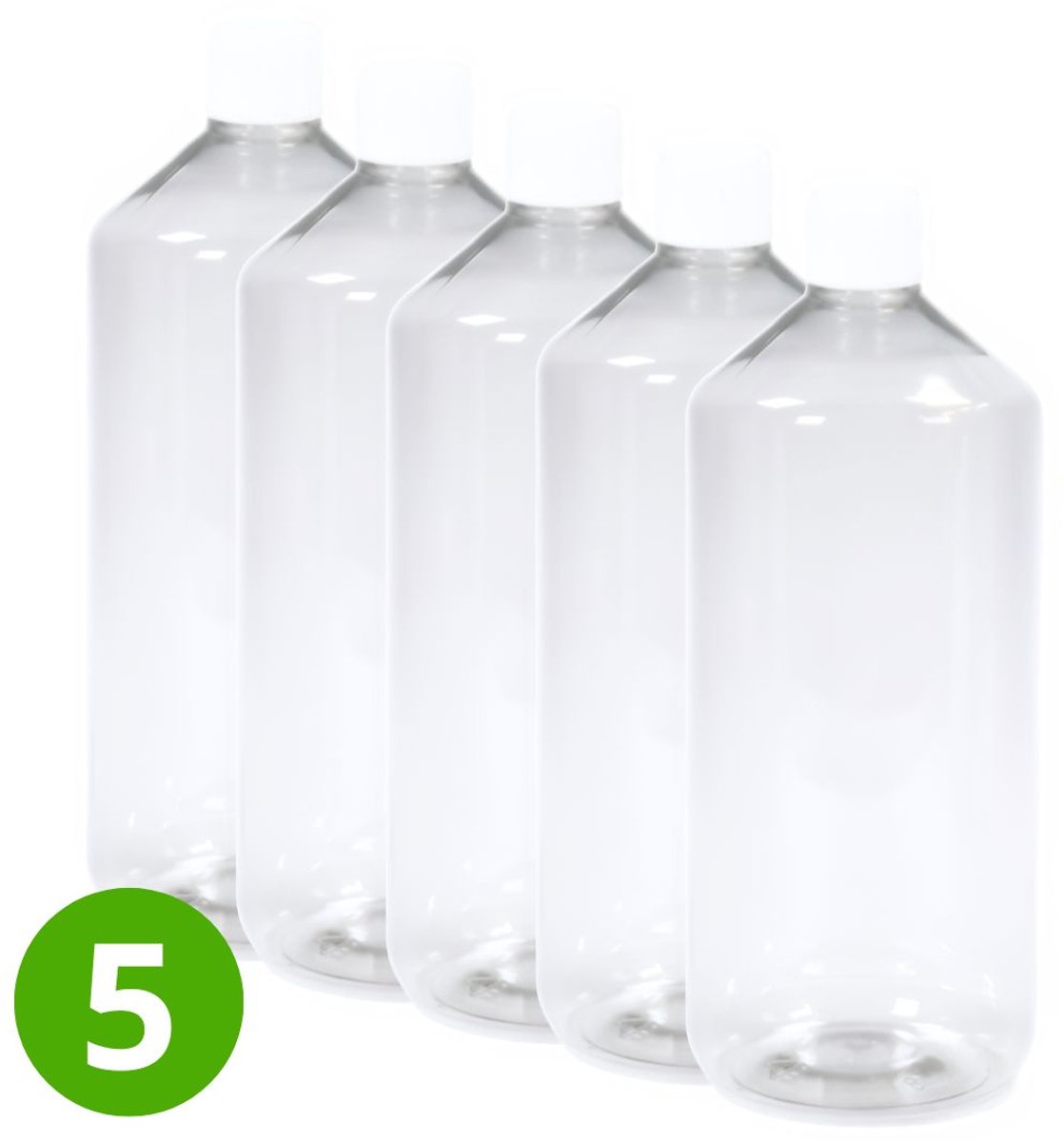 5x Lege Plastic Fles 1000ml PET Glashelder Transparant - Rond - Met Witte Dop Food-Grade PE - 28-410 ROPP Halsmaat - Garantiesluiting en met Schenktuit - ALPHA Round Pharma - BPA vrij - Navulling voor Reisflesjes - Plastic Flessen Navulbaar Lekvrij