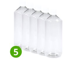 5x Lege Plastic Fles 1000ml PET Glashelder Transparant - Rond - Met Witte Dop Food-Grade PE - 28-410 ROPP Halsmaat - Garantiesluiting en met Schenktuit - ALPHA Round Pharma - BPA vrij - Navulling voor Reisflesjes - Plastic Flessen Navulbaar Lekvrij