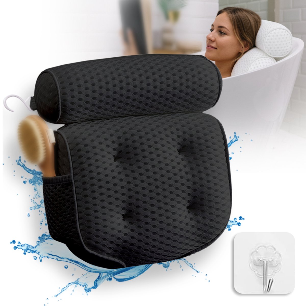 Badkussen (34,5x38cm) Claesson Living – Met Hoofdsteun (9,5 cm dik) voor Nek, Rug en Hoofd – 4 Sterke Zuignappen – Inclusief Ophang- en Drooghaak - Zwart