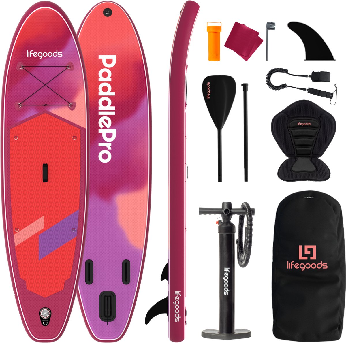 LifeGoods SUP Board Allround Compact - met Zitje - 100 KG Draagkracht - 300 x 76 cm - Opblaasbaar - Compleet SUP pakket - Rood/Lila