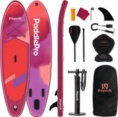 LifeGoods SUP Board Allround Compact - met Zitje - 120 KG Draagkracht - 300 x 76 cm - Opblaasbaar - Compleet SUP pakket - Rood/Lila