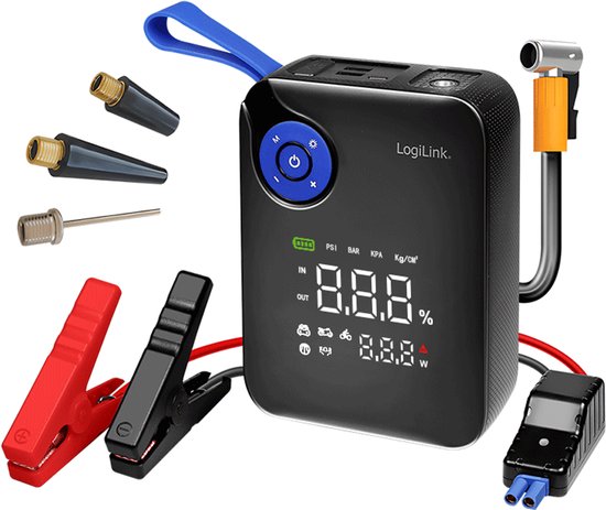 4-in-1 starthulp, powerbank, luchtpomp, noodverlichting, 12 V/7200 mAh, zwart