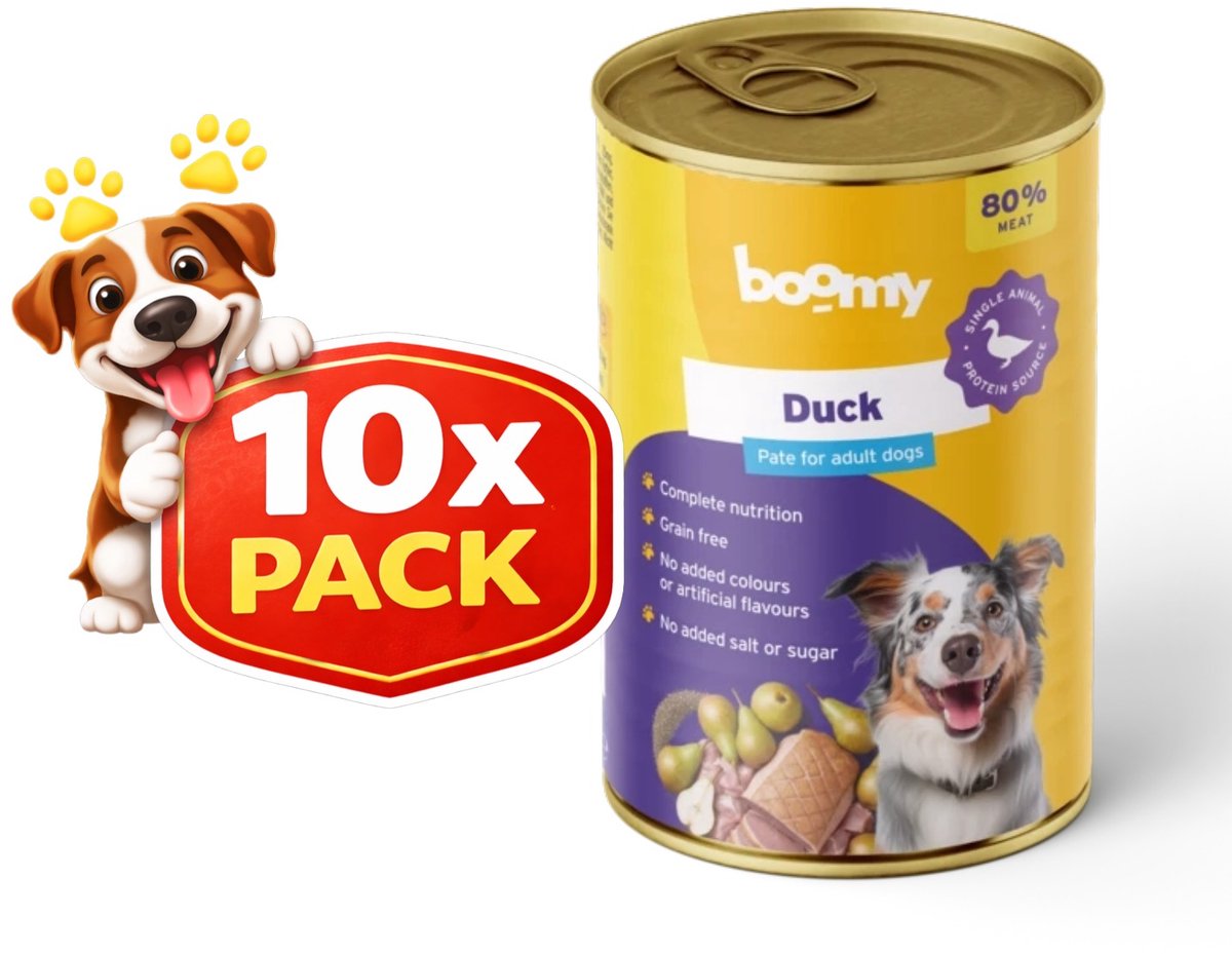 Boomy Boomy - Hondenvoer - Natvoer hond - Blikvoer hond - Mono proteïne - Graanvrij - Eend smaak - 80% vlees - Adult - 10 x 400g