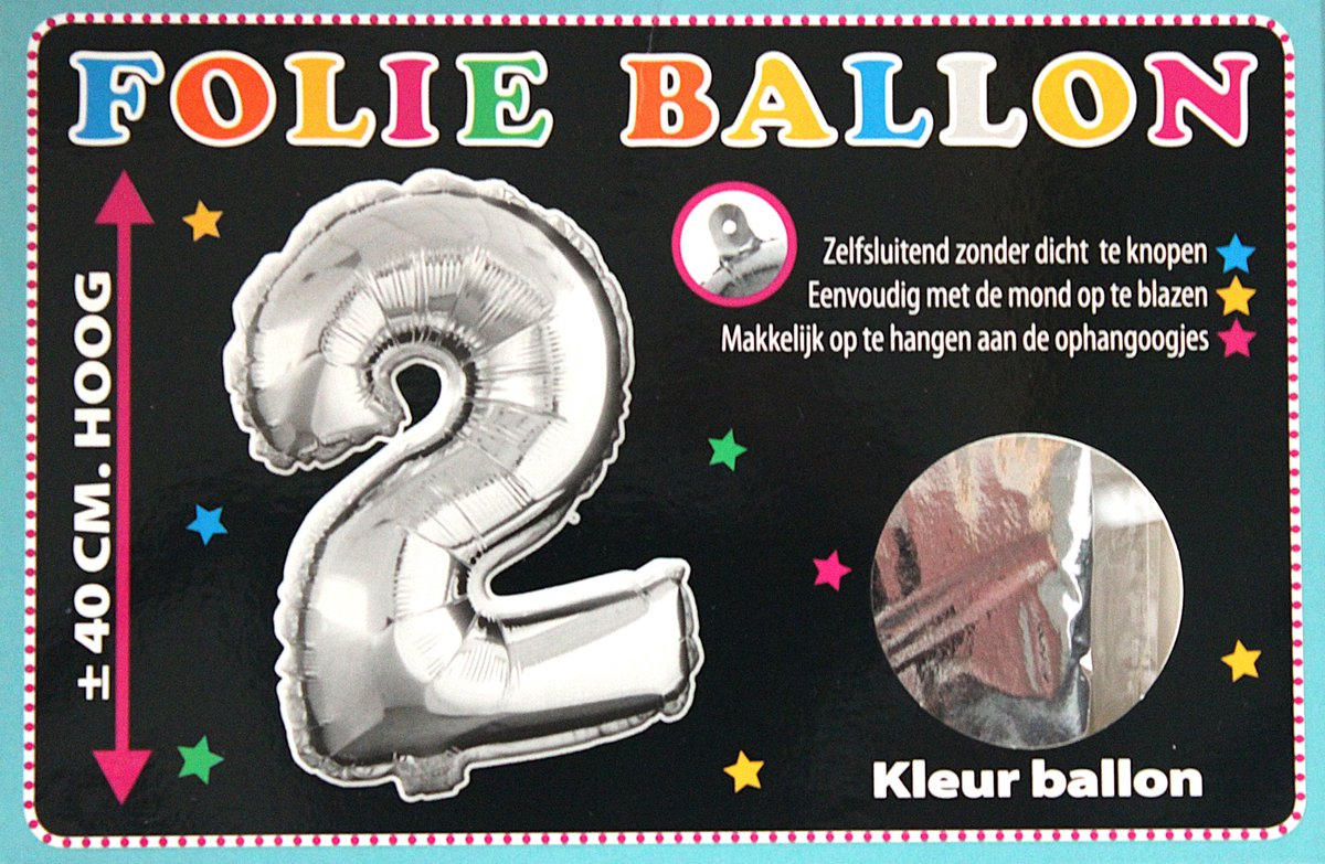 Folieballon - 2 - Cijfer Zilver - 40cm - Folie - Ballon - Zelfsluitend - Eenvoudig Met Mond Opblazen - Ophangoogjes - Touche Cards