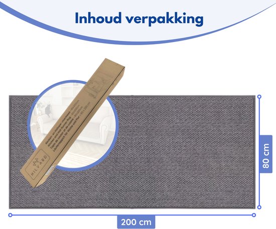 Grijze keukenloper van 80 x 200 cm met productverpakking en tekst "Inhoud verpakking".