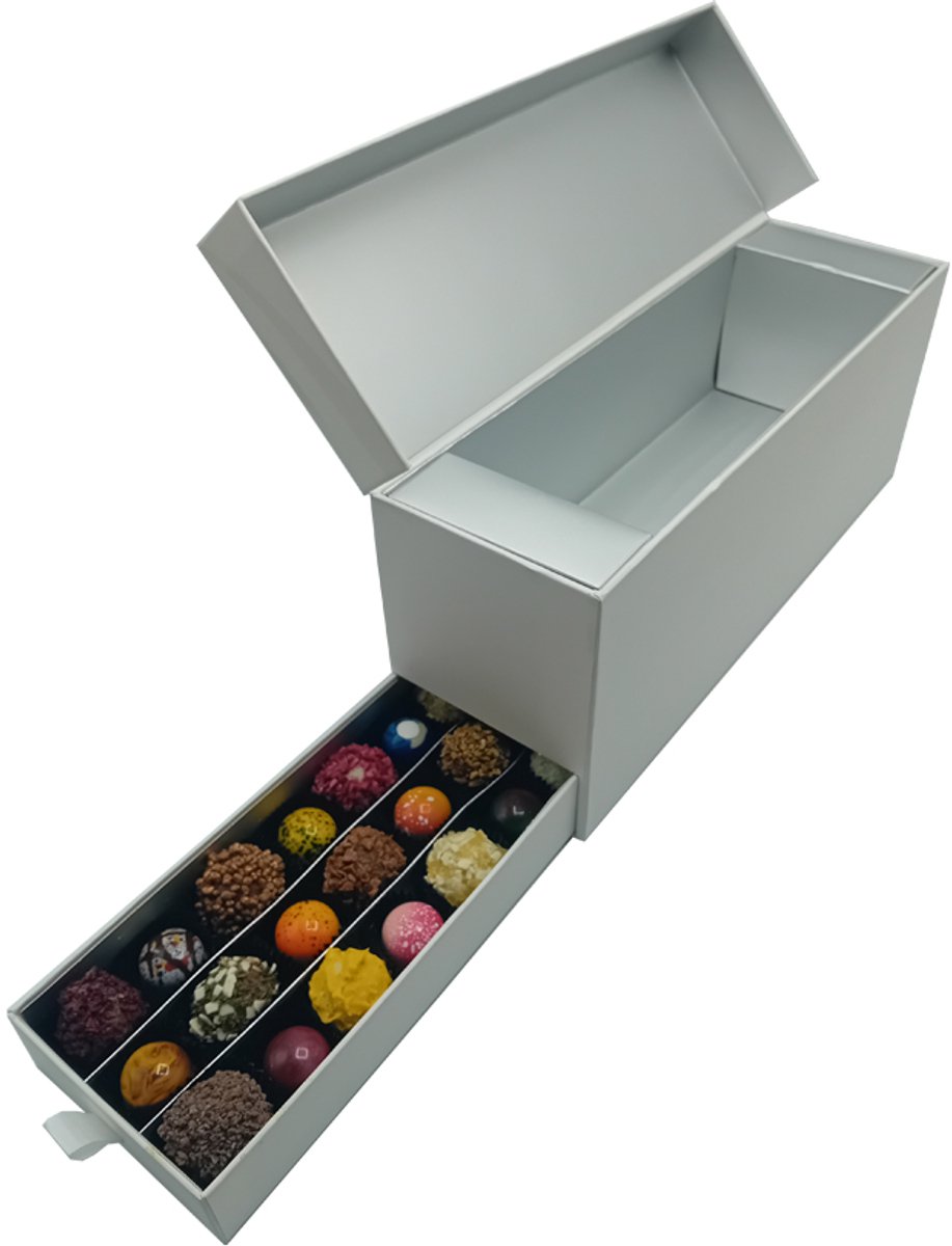 Ladebox wit leeg: cadeaubox met luxe mix chocolade (zelf te vullen met je eigen drank)-(Vegan_glutenvrij_chocolade_Pralines_Bonbons_cadeau_chocoladegeschenk_relatiegeschenk_kerstcadeau_chocolade truffels_truffels_kerstchocolade_wijn.