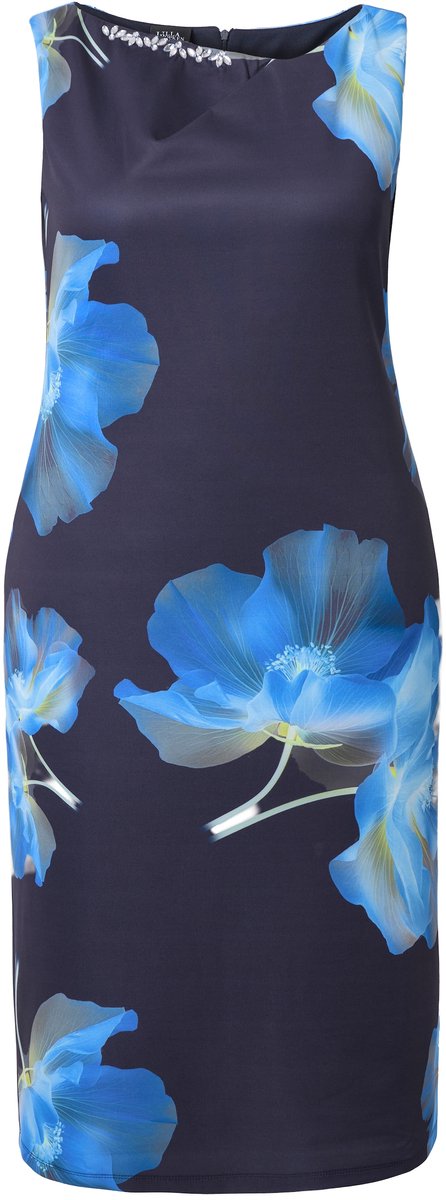 Ulla Popken - Dames - Scuba midi-jurk bloemen boothals mouwloos - Marine - Maat 58