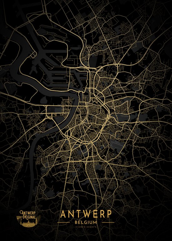 Canvas Antwerpen Plattegrond - Zwart/goud - Antwerp Original