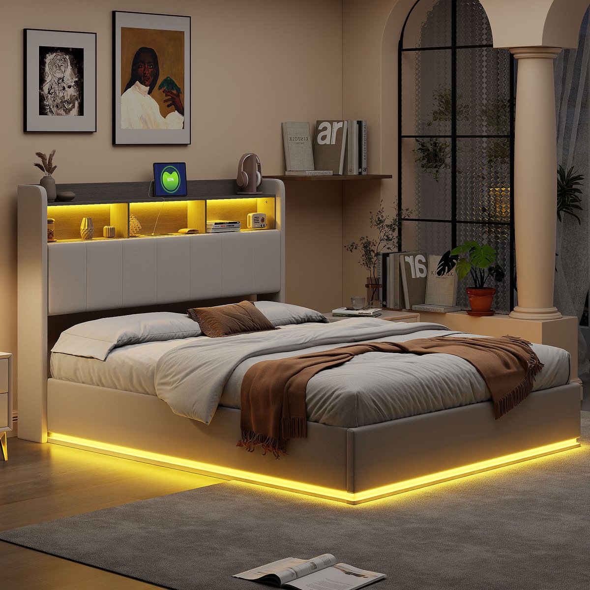 Velours bed met gasveren, 140x190 cm, met omringende LED-vloerverlichting, hoofdbord met o