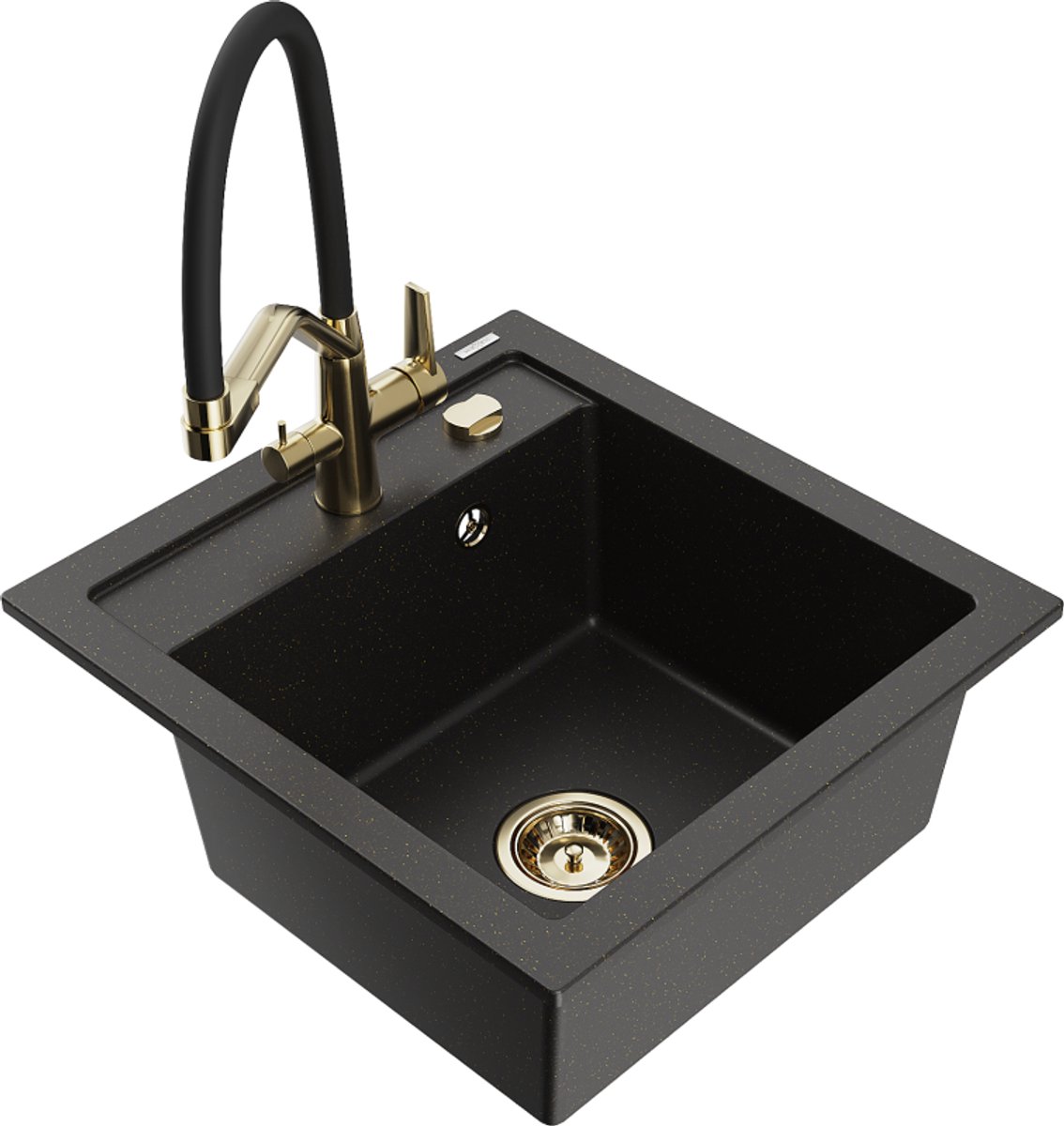 Mexen Vito granieten gootsteen 1-komer met keukenmengkraan Duo, zwart/goud metallic - 6503