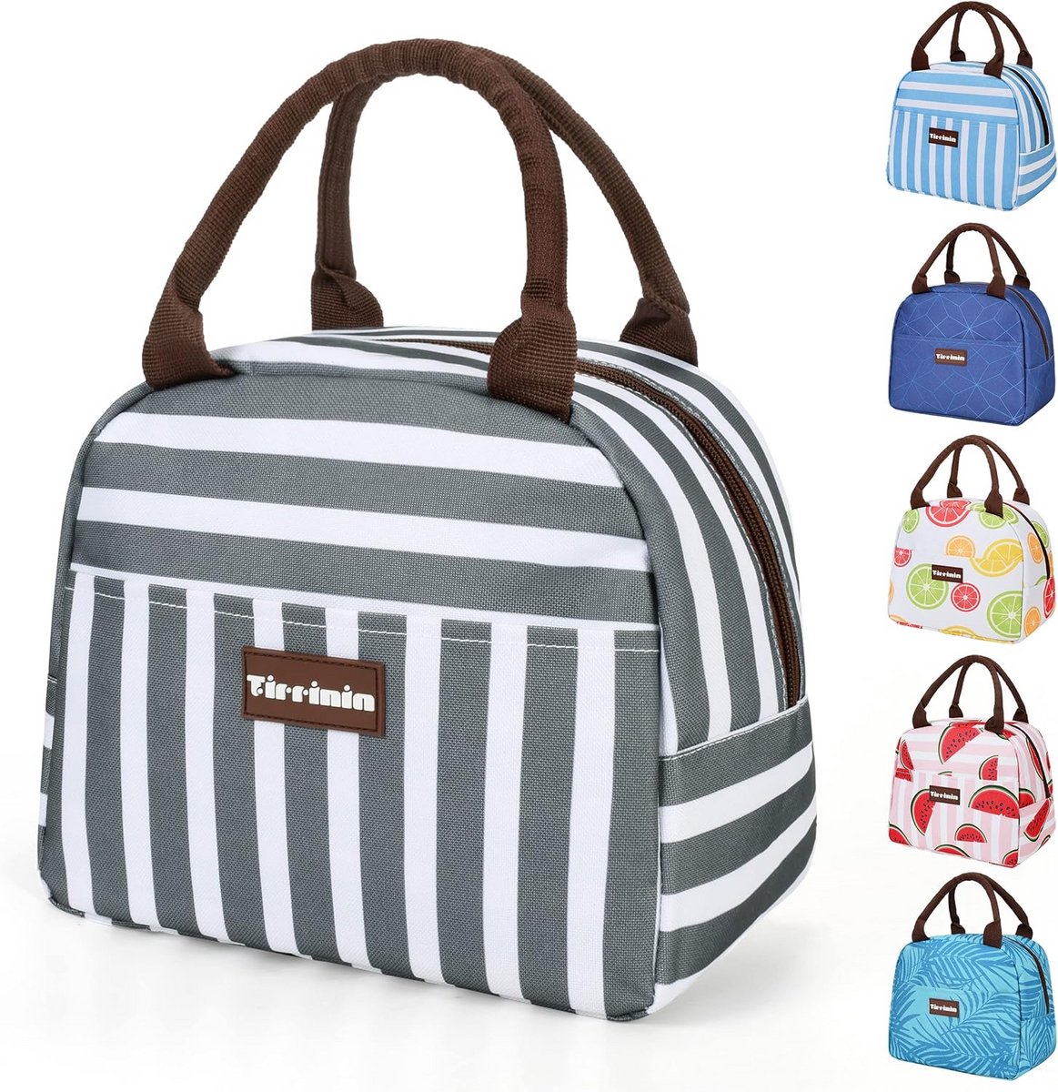 Geïsoleerde lunchtas grijs gestreept - 7,8L thermische lunchbox met voorvak voor werk school picknick