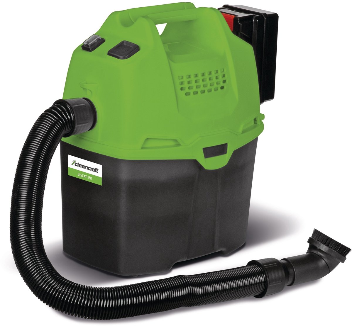 Droogzuiger met schouderriem - 5 liter kunststof tank - 0,2 kW lithium-ion batterij 18 V 2.0 Ah - 63 dB(A) Cleancraft DRYCAT 15B