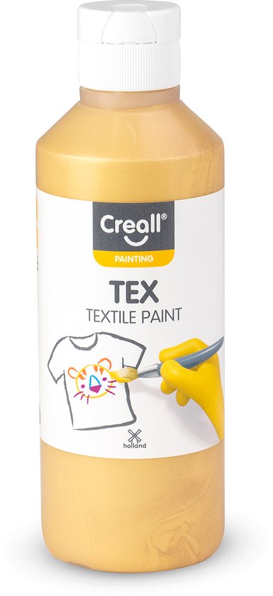 Bouteille de peinture textile Creall TEX dorée, avec une étiquette montrant un t-shirt avec un visage de chat en cours de peinture.