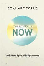 Boekomslag van 'The Power of Now' door Eckhart Tolle, met een cirkel van blauwe en gele tinten en de tekst 'The Power of Now: A Guide to Spiritual Enlightenment'.