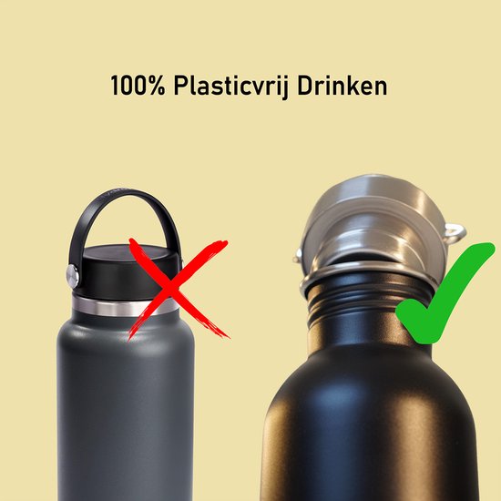 Zwarte drinkfles met schroefdop en een rode kruis, naast een zwarte drinkfles met metalen dop en een groene vink. Tekst: 100% Plasticvrij Drinken.