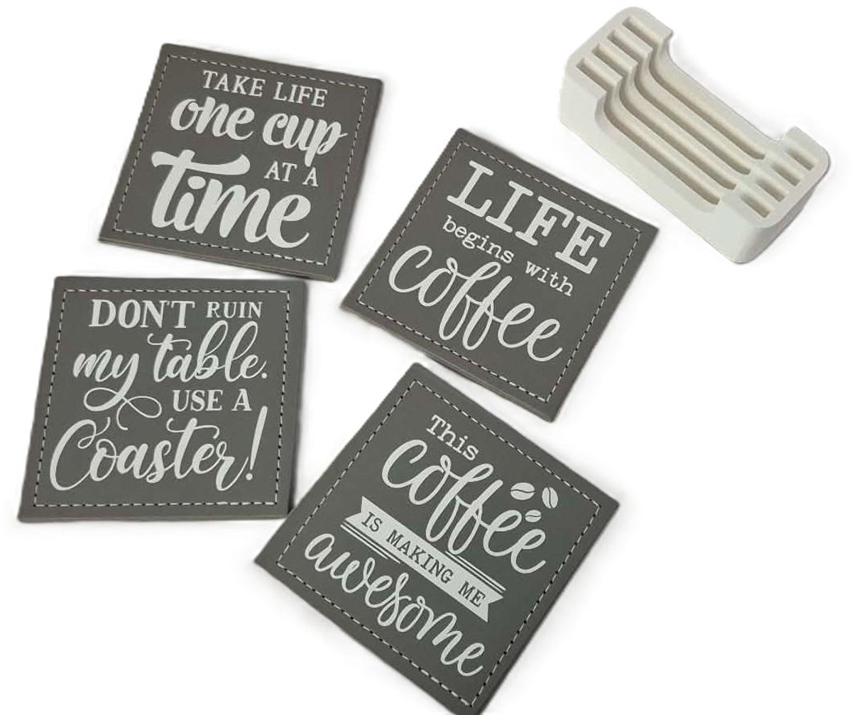 Onderzetters incl houder tekst coffee - quote koffie