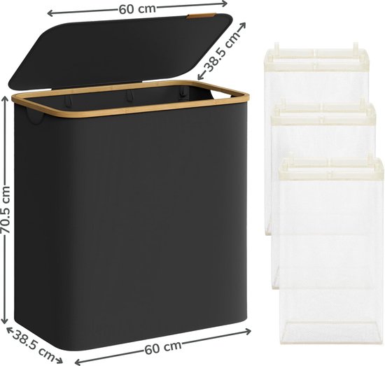 ACAZA Panier à Linge - Trieur de Linge - 3 Compartiments - Bamboe - Zwart