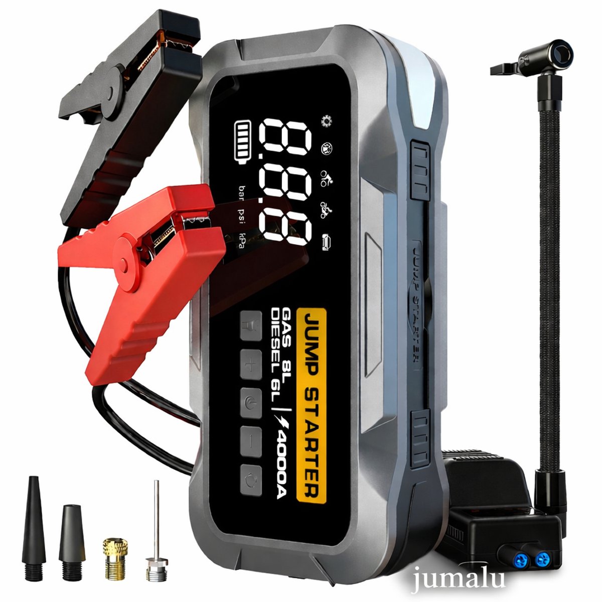 Auto Jumpstarter met Luchtcompressor 4000A – Startbooster & Powerbank – Bandenpomp, LED Licht – Geschikt voor Benzine 8L & Diesel 6L