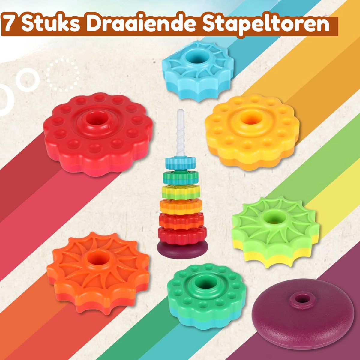 Homeblend Draaiende Stapeltoren - Speelgoed 1 Jaar - Educatief & Sensorisch Babyspeelgoed - Fijne Motoriek & Hand-oogcoördinatie - 6 Multicolor Stapelringen — afbeelding 7