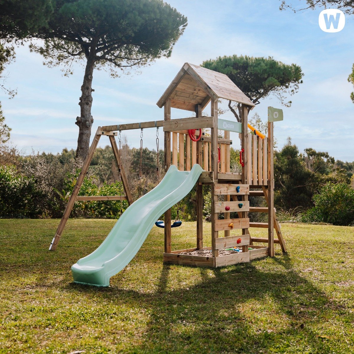 Wickey MultiFlyer Speeltoestel met Houten Dak - Dubbele schommel met Glijbaan - Klimwand & Zandbak - 293x406x260 cm - Rood — afbeelding 4