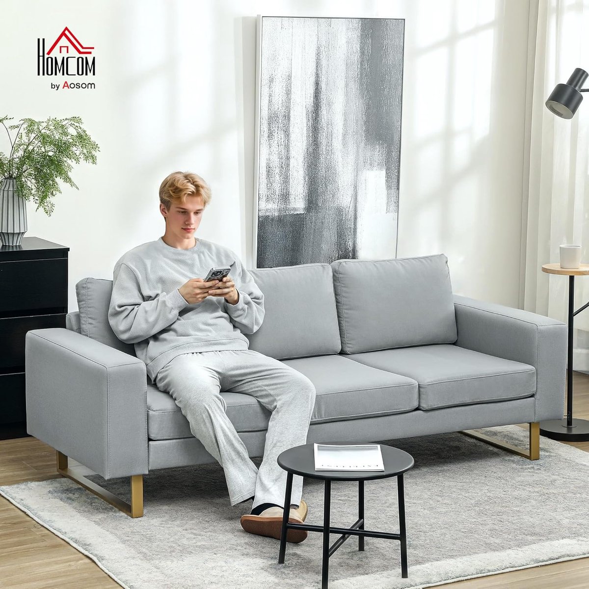 3-zits bank stoffen bank met kussens en armleuningen – linnenlook designbank lichtgrijs – 200 x 82 x 78 cm – Pauwhome
