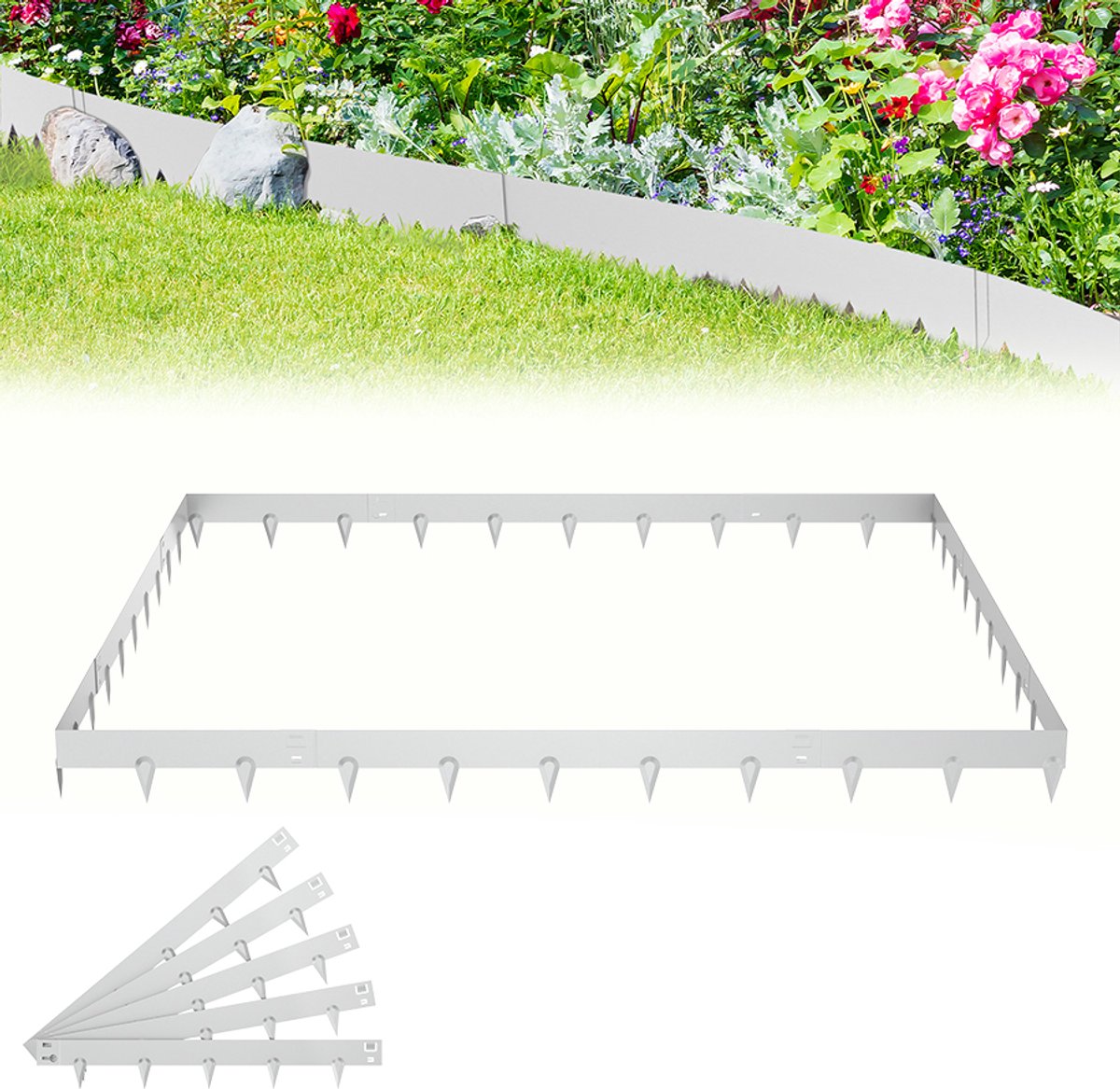 Aufun Gazonrandafwerking - 5-delig set - 106x16 cm per stuk - Totaal 5,3 m - Gegalvaniseerd metaal - Zilver - Voor tuin, park en boerderij