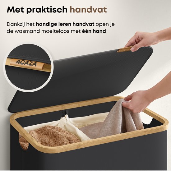 ACAZA Panier à Linge - Trieur de Linge - Panier à Linge avec Couvercle - Panier à Linge 2 Compartiments - Bamboe - 130L - Zwart