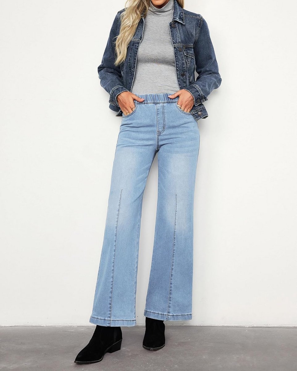Dames Baggy Jeans met Elastische Taille - Hoge Taille & Wijde Pijpen