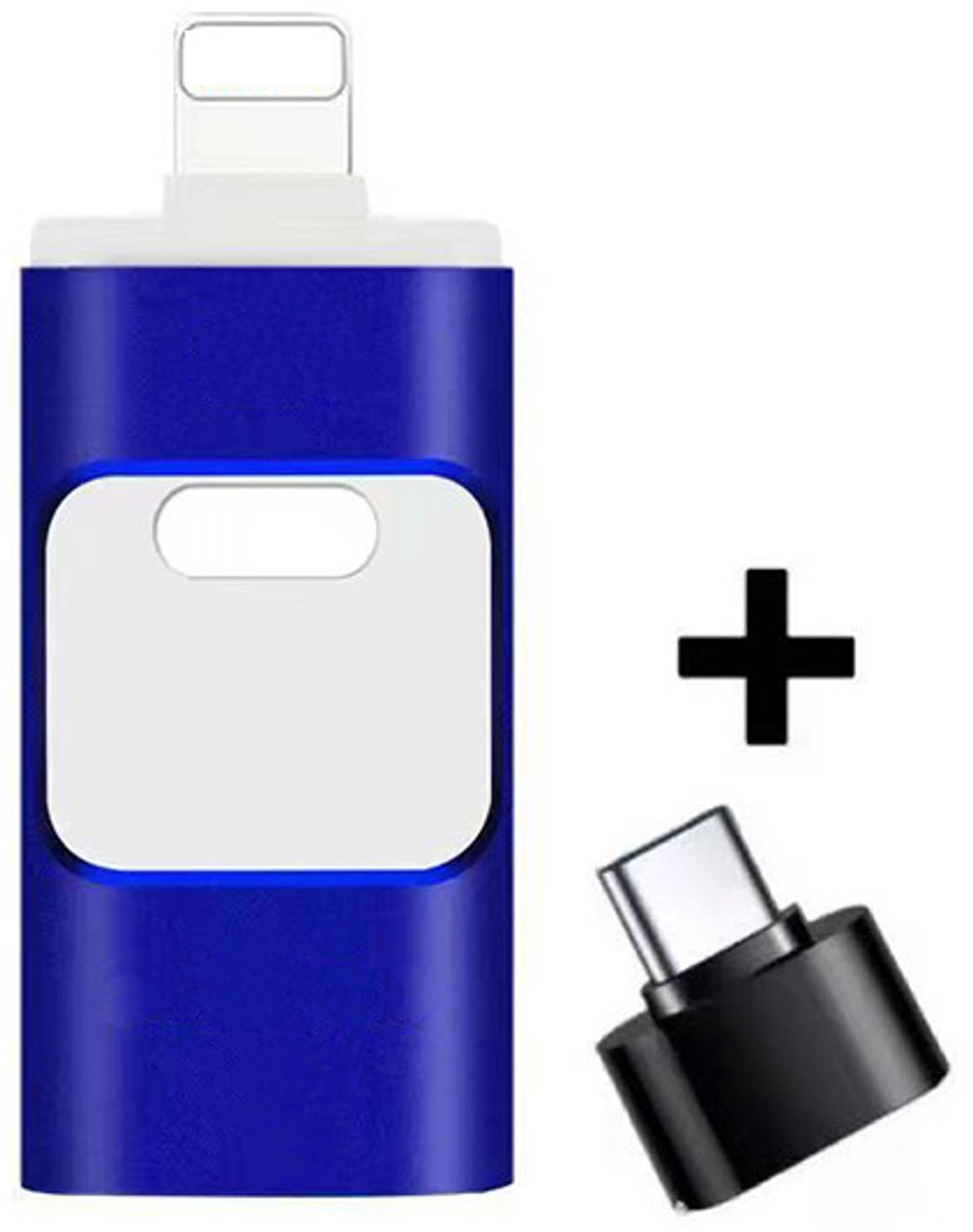 4-in-1 USB-flashdrive/opslagstick voor iPhone, iPad, pc, iOS en Android (128 GB, blauw)