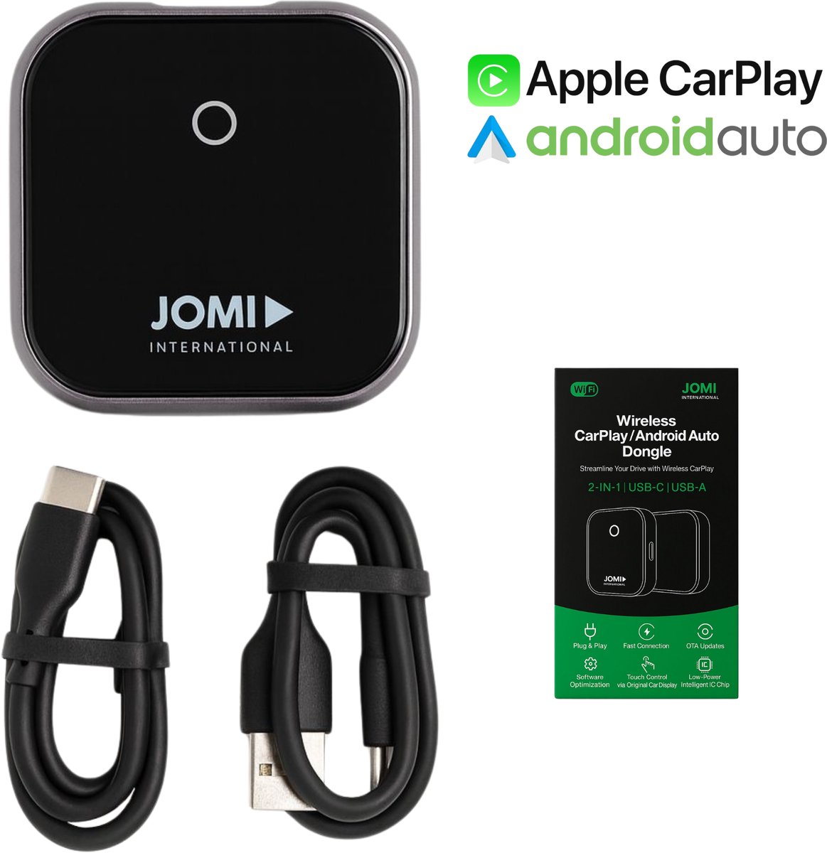 JOMI CarPlay Dongle – Draadloos Apple CarPlay & Android Auto – 2-in-1 – USB-A & USB-C – 5GHz WiFi – Bluetooth – Auto Connect – Plug & Play