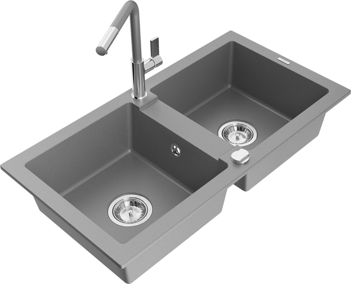 Mexen Mario granieten spoelbak 2-kamer met keukenkraan Flora, grijs - 6504-71-670401-06