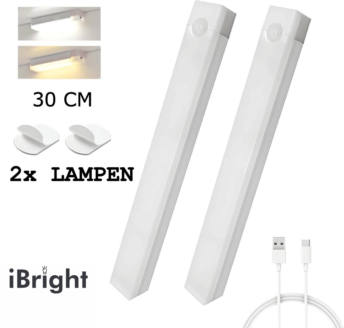 iBright Led Lamp met Bewegingssensor - 30 CM - Set van 2 - Oplaadbaar via USB - Magnetisch & Zelfklevend - Draadloos - USB Oplaadbaar - LED Sensor lamp - Kastverlichting - Keukenverlichting Onderbouw Led- Nachtlampje
