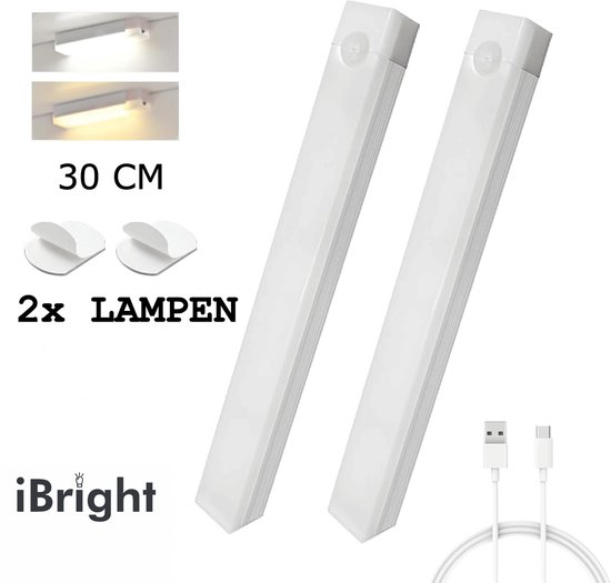 Set van 2 witte iBright LED-lampen van 30 cm, oplaadbaar via USB, met bewegingssensor en kleefstrips.