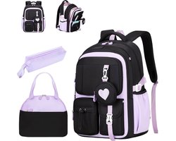 Schooltas voor meisjes - 3 stuks - Waterdichte rugzak voor meisjes - School rugtas - lichtgewicht schooltas - Rugzakken met grote capaciteit voor Meisjes en Jongens - ademende en comfortabele schoolrugzak - Oxford-stof - paars