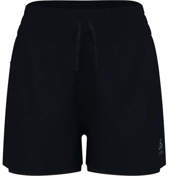 Zwarte Odlo hardloopshort met elastische tailleband, trekkoord en logo op de zijkant.