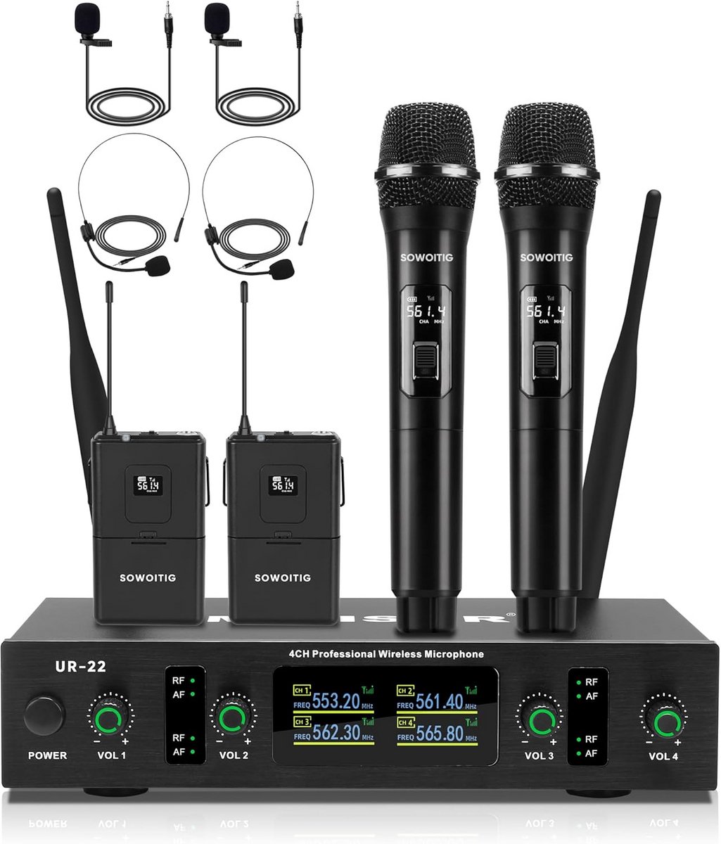 Draadloze 4-Kanaals UHF Microfoonset met Hand-, Headset- en Lavalier Microfoon (90m)