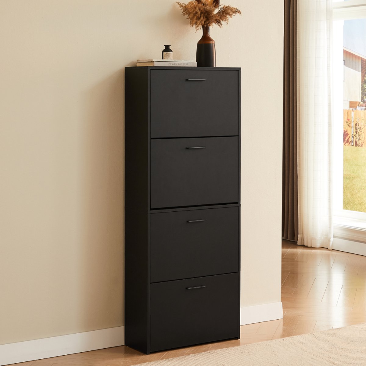 CASABEL Moderne schoenenkast met 4 neerklapbare deuren - 24 paar schoenen - Schoenenkast van composiethout - Afmetingen: B60 x D24 x H150 cm